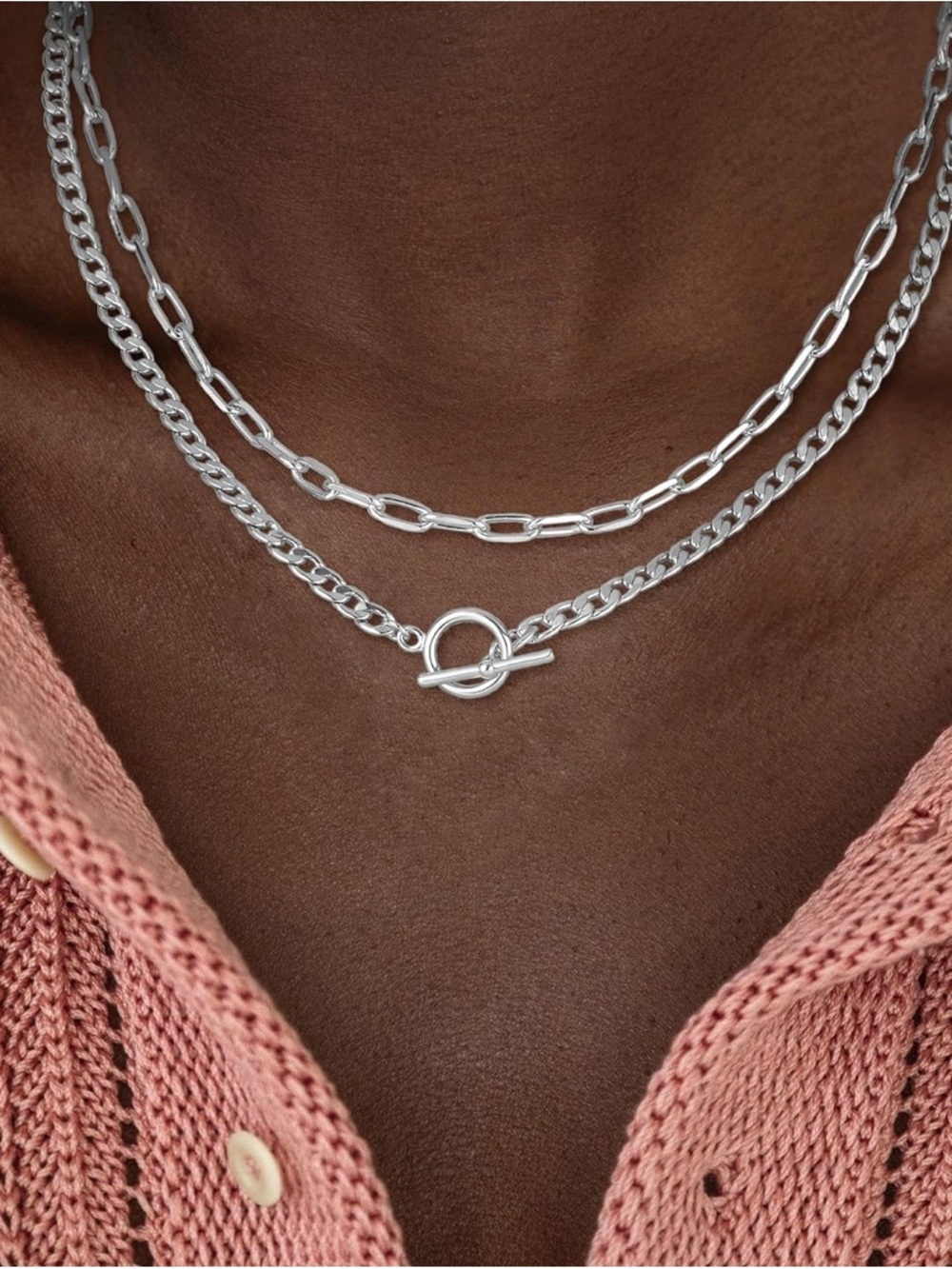 Sterling Silver Plated Double Chain Toggle Necklace